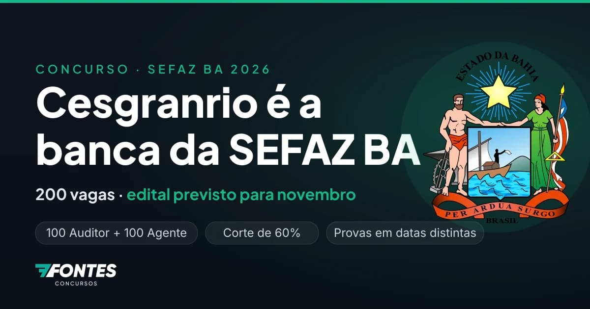 Concurso SEFAZ BA 2026: Cesgranrio contratada, 200 vagas e edital previsto para novembro