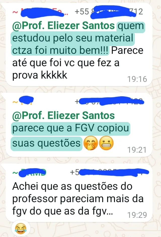 Grupo de alunos: quem estudou pelo material do prof. Eliezer foi muito bem — WhatsApp
