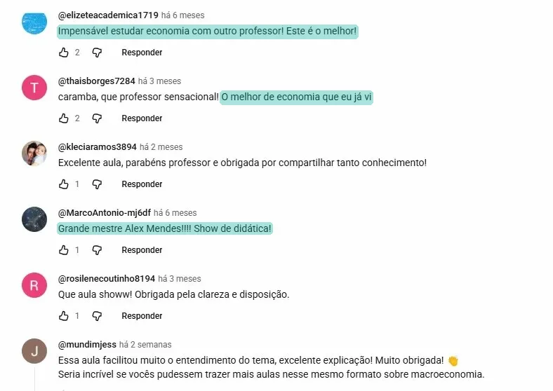Comentários no YouTube elogiando o prof. Alex Mendes em economia