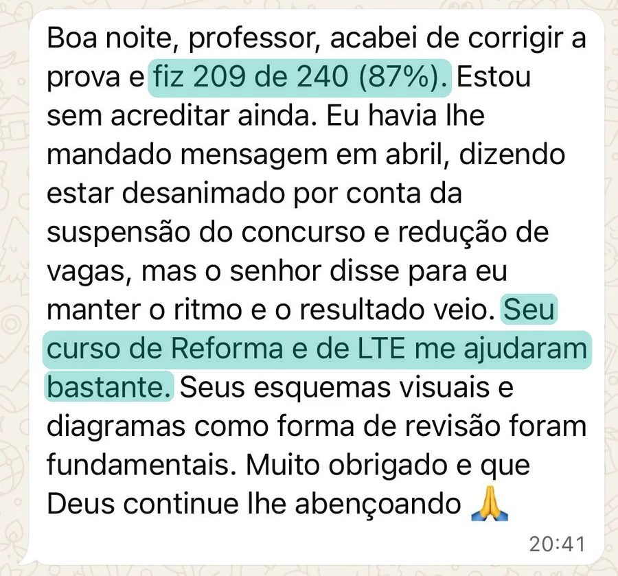 Aluno fez 209 de 240 na prova com os cursos de Reforma e LTE — WhatsApp